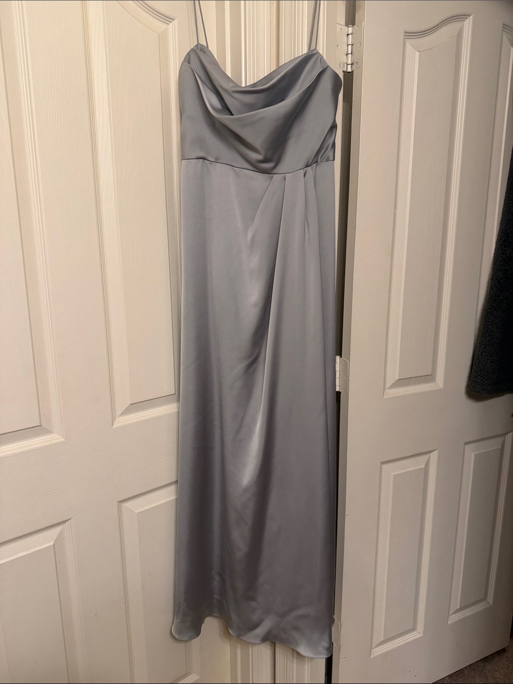 Watters Silver-Gray Satin Strapless Cowl Neck Gown